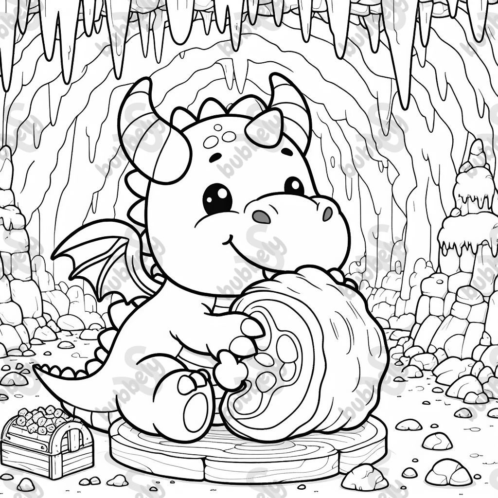 Einen Drachen in seiner Höhle der eine Fleischkeule frisst