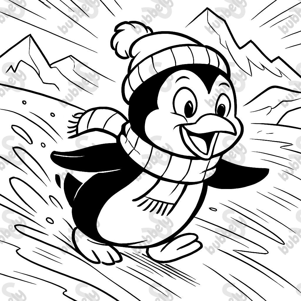 a penguin sliding on its belly wearing a hat and a scarf sliding on the ice
