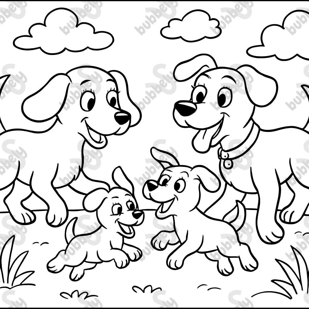 Une maman chien, un papa chien et deux chiots