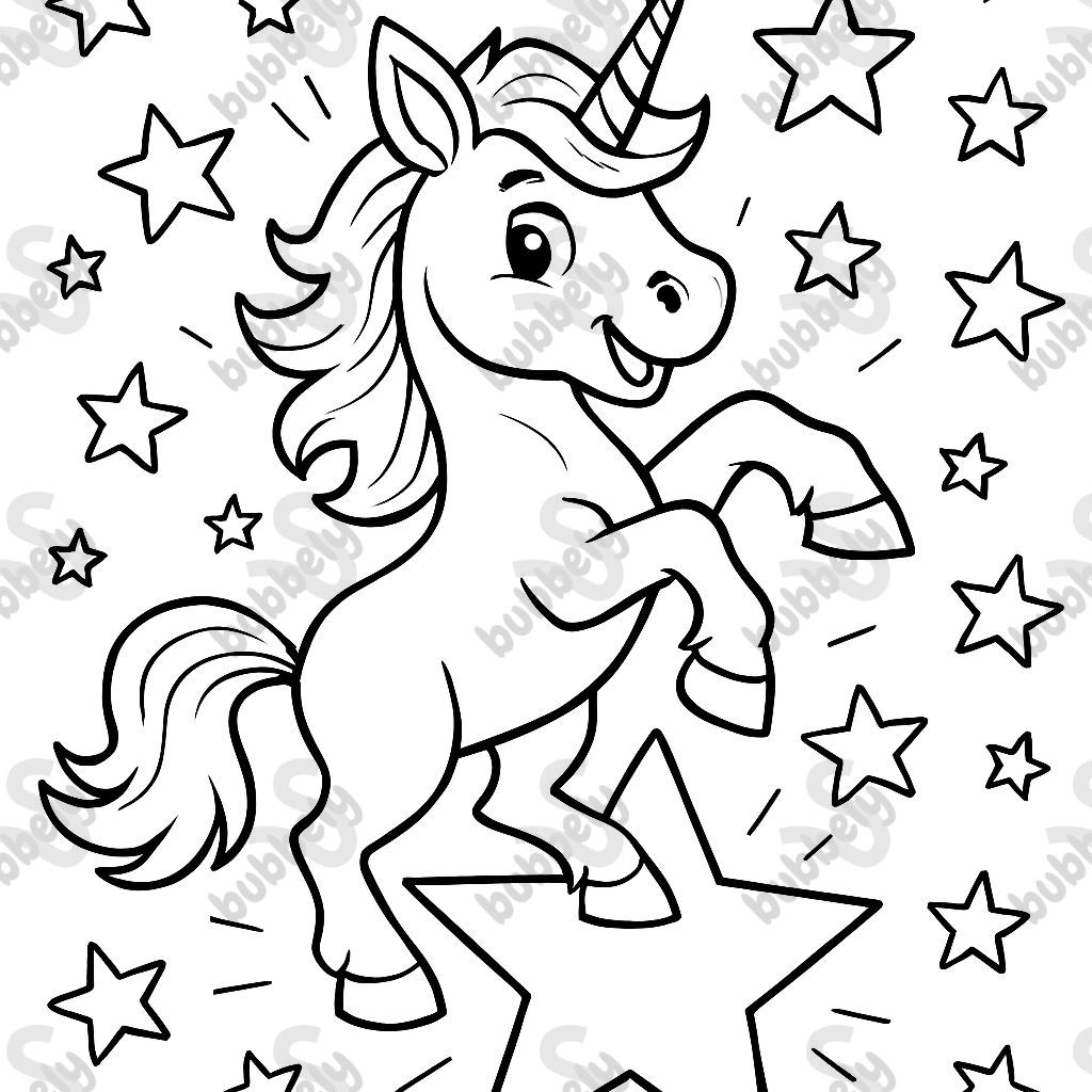 A unicorn standing on a star. Around it are many stars