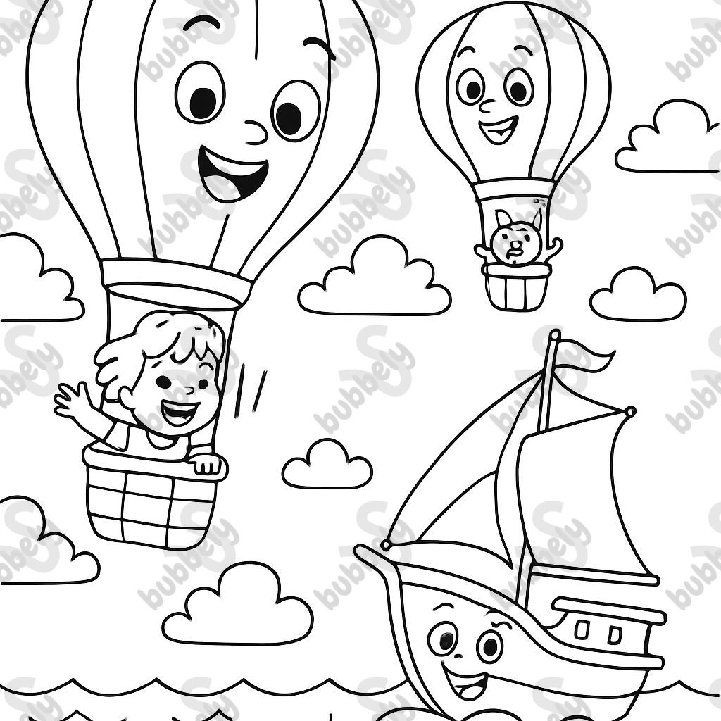 Montgolfières avec des nuages au-dessus de la mer avec un bateau