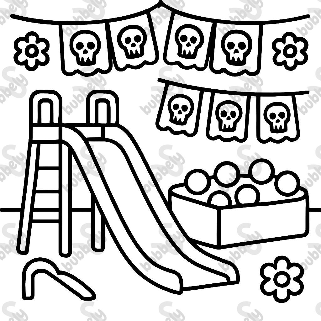 an indoor playground decorated for dia de los muertos