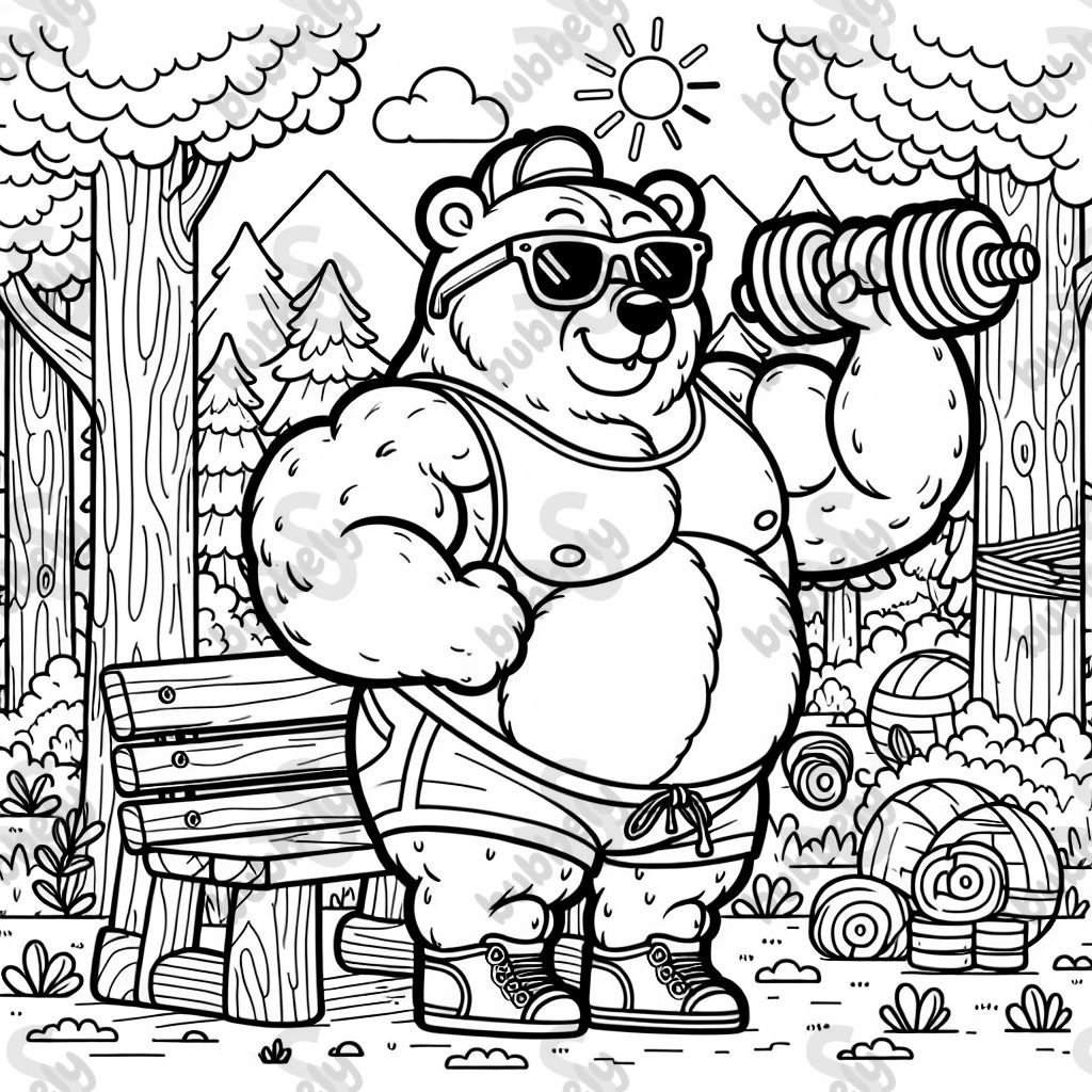 A bear lifting weights wearing sunglasses