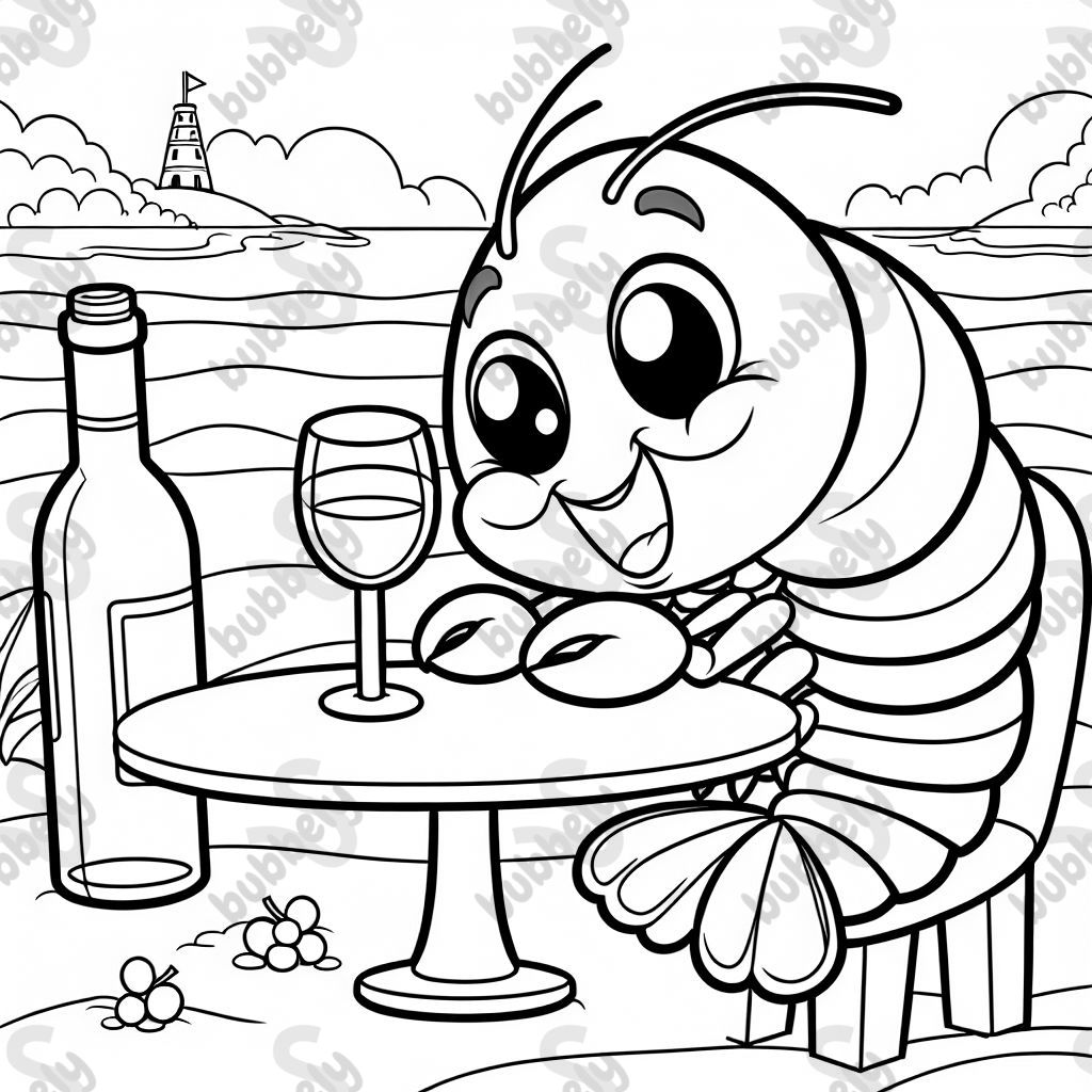 Ein fröhlicher Schrimp sitzt an einem Tisch und trinkt wein