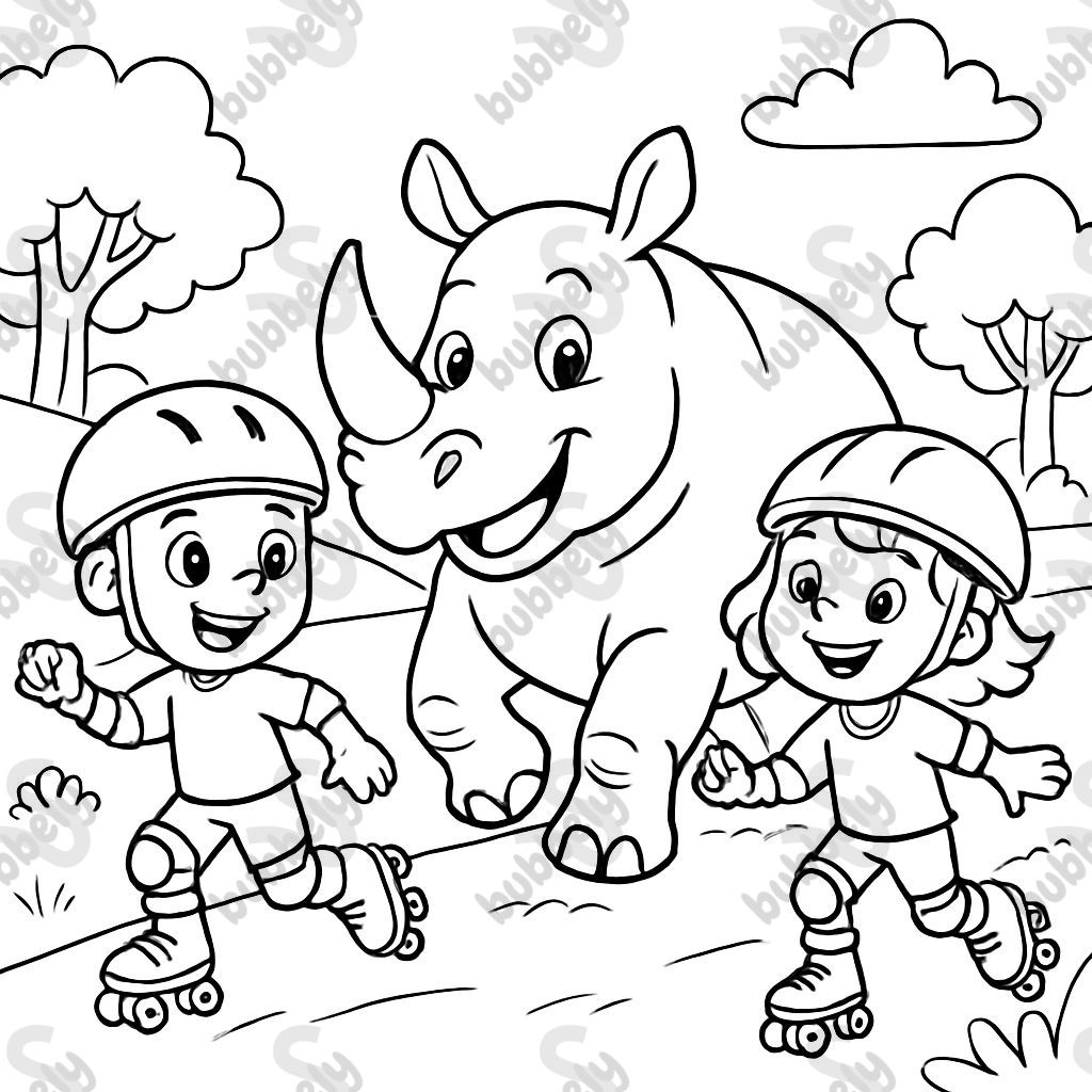 rhinocéros et enfants faisant du roller rhinocéros et enfants faisant du roller