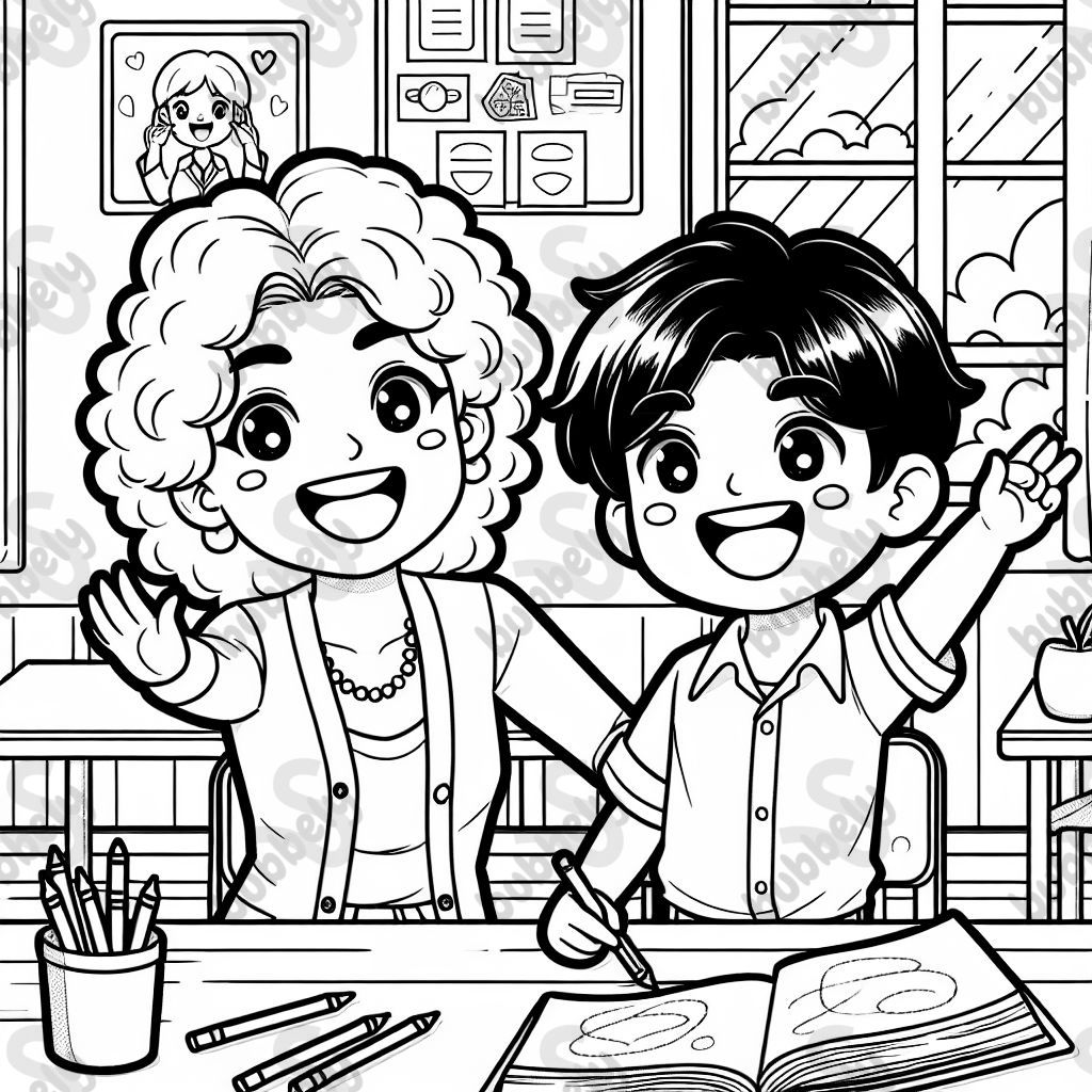 Asian boy with teacher with curly hair