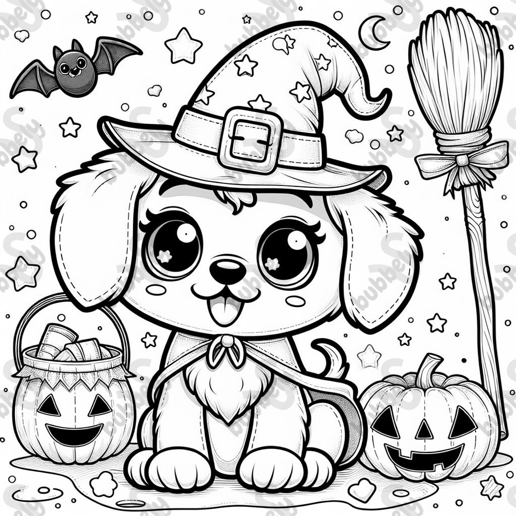 a puppy wearing a witch halloween costume