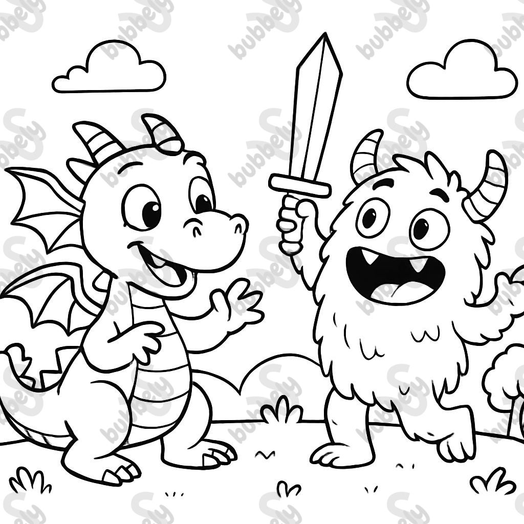 dragon playing with monster with a sword