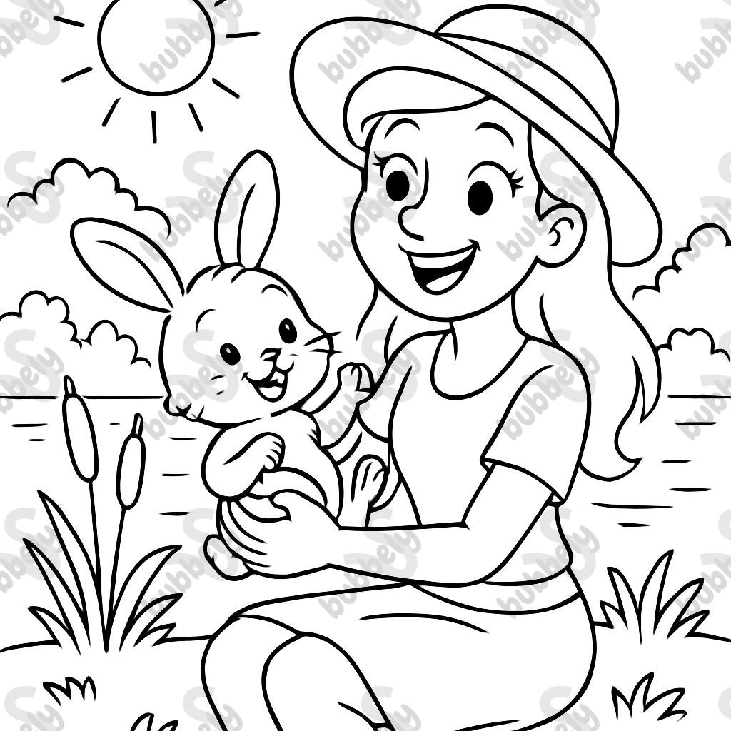 A baby bunny with a woman by the lake