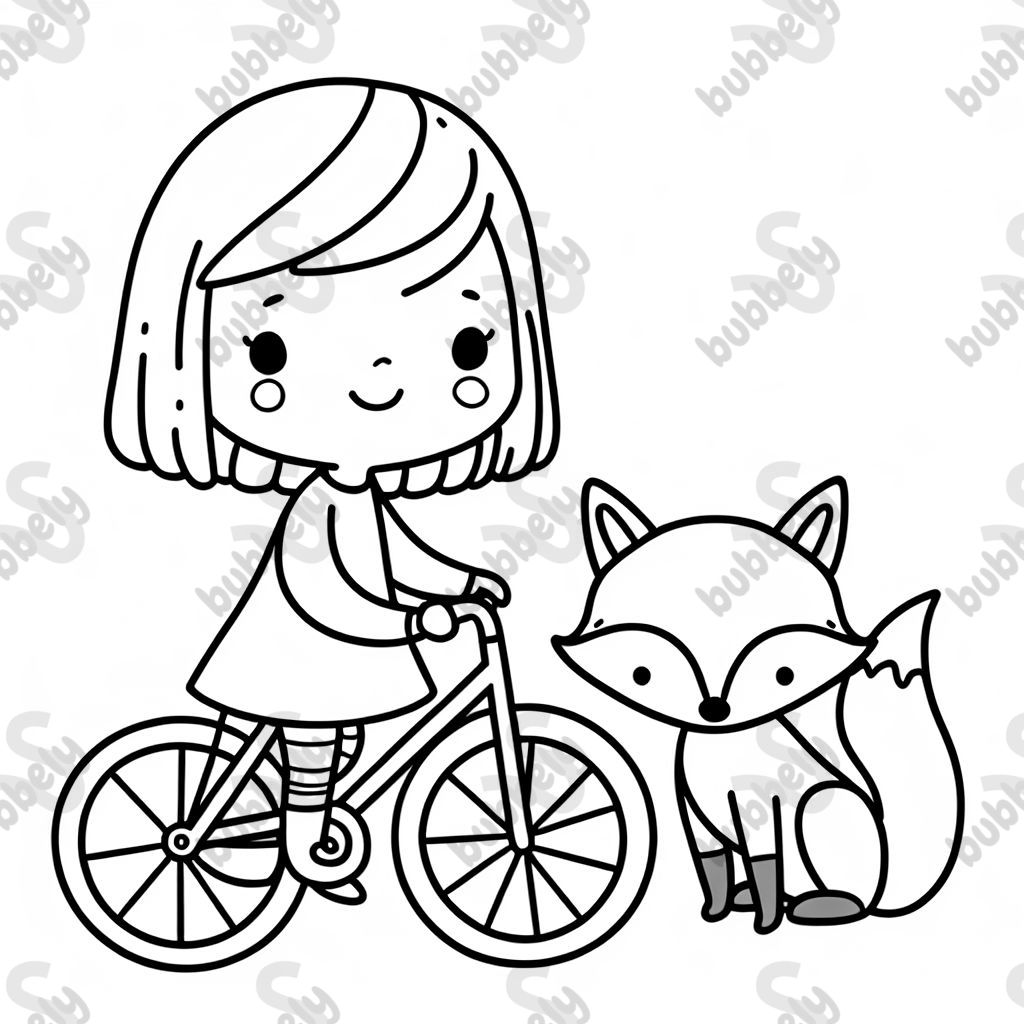 ein mädchen mit schulterlangen haaren und ein Fuchs am Fahrrad