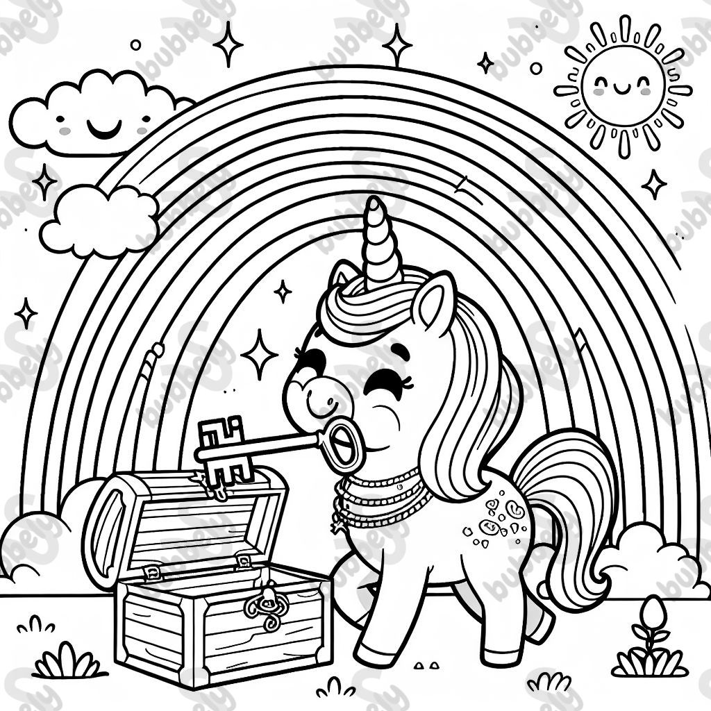 Unicorn on rainbow with key and treasure chest