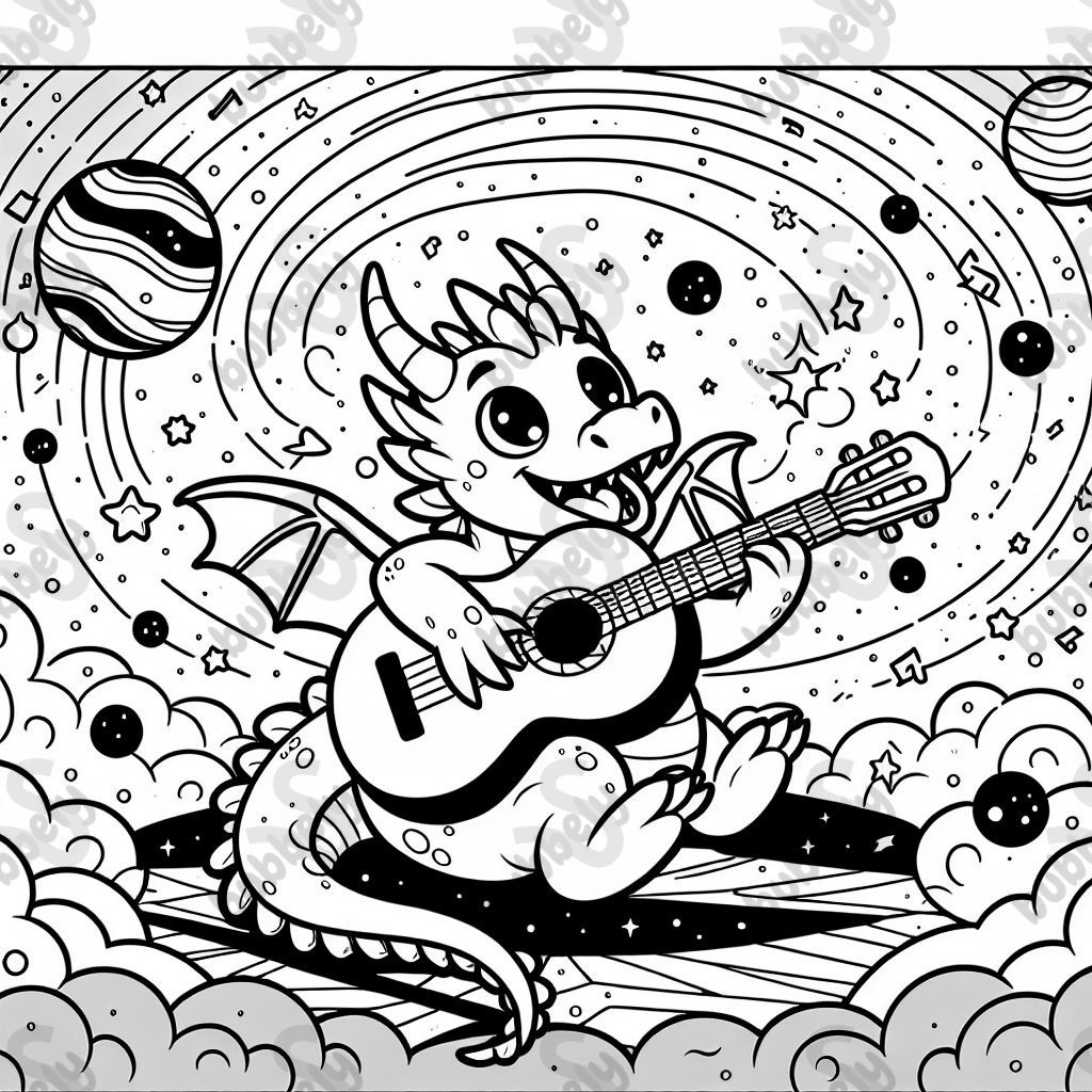 Dragon playing guitar in space