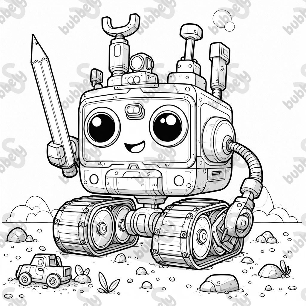 Robot with four wheels and tools on the side