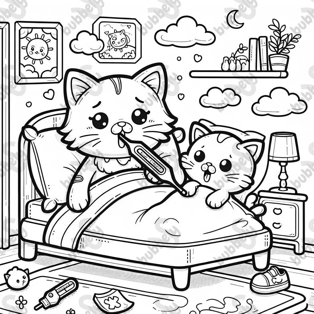 A cat mom is taking care of her sick kitten, which has a thermometer in its mouth, as they both lie comfortably in a bed. A cat mom is taking care of her sick kitten, which has a thermometer in its mouth, as they both lie comfortably in a bed.