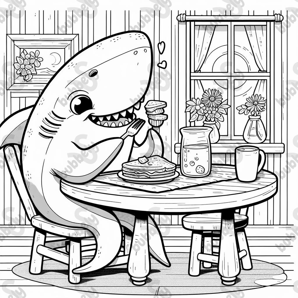 A shark siting at a table eatting breakfast