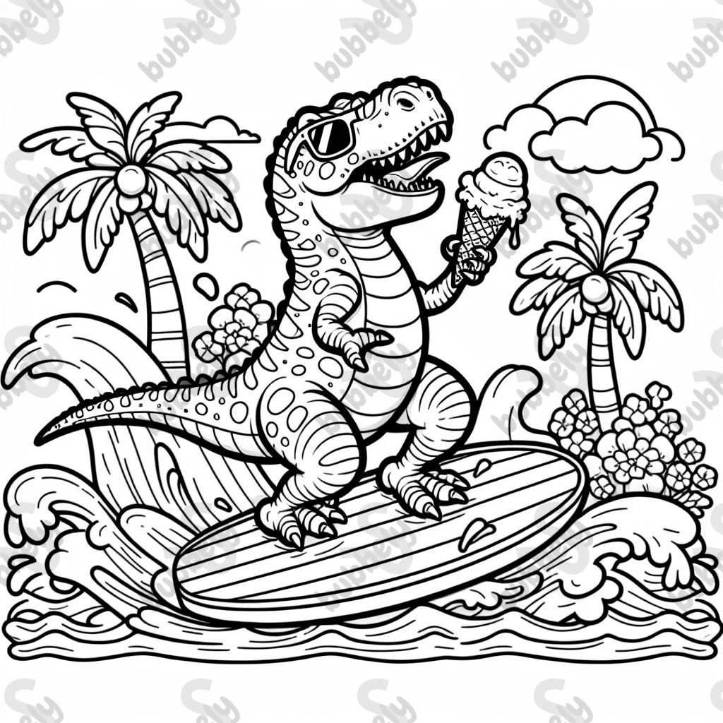 a Tyrannosaurus on a surfboard in the sea eating ice cream
