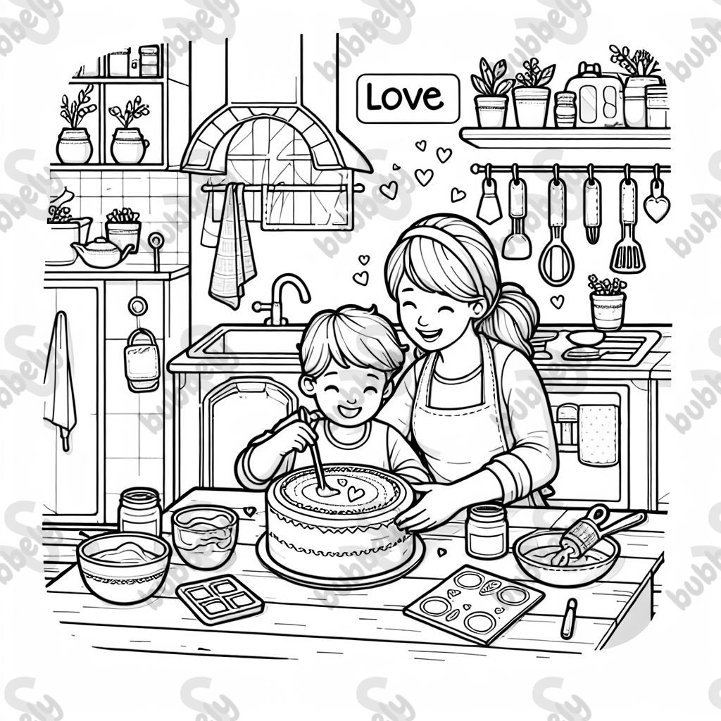 a drawing with my mom and me. It would say "Love". I would be making a cake.