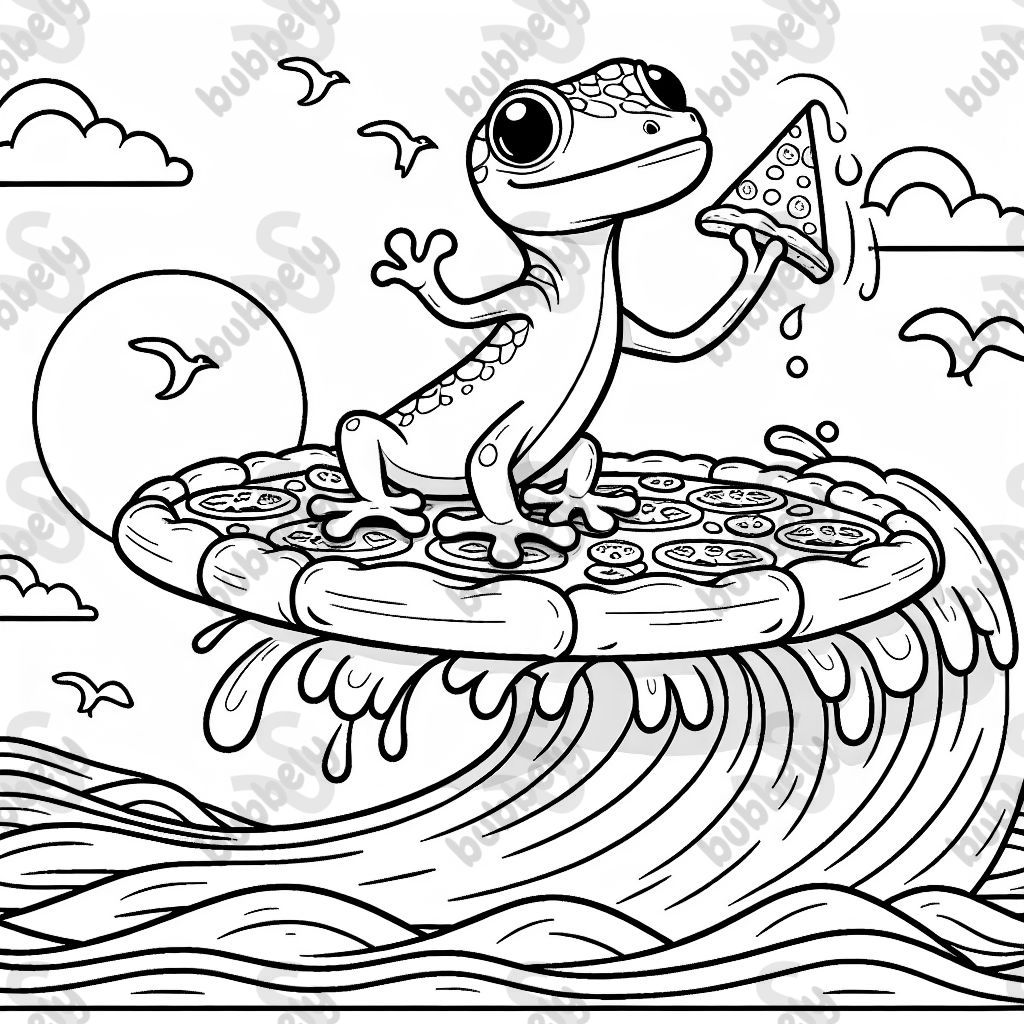 Einen gecko, der auf pizzas surft