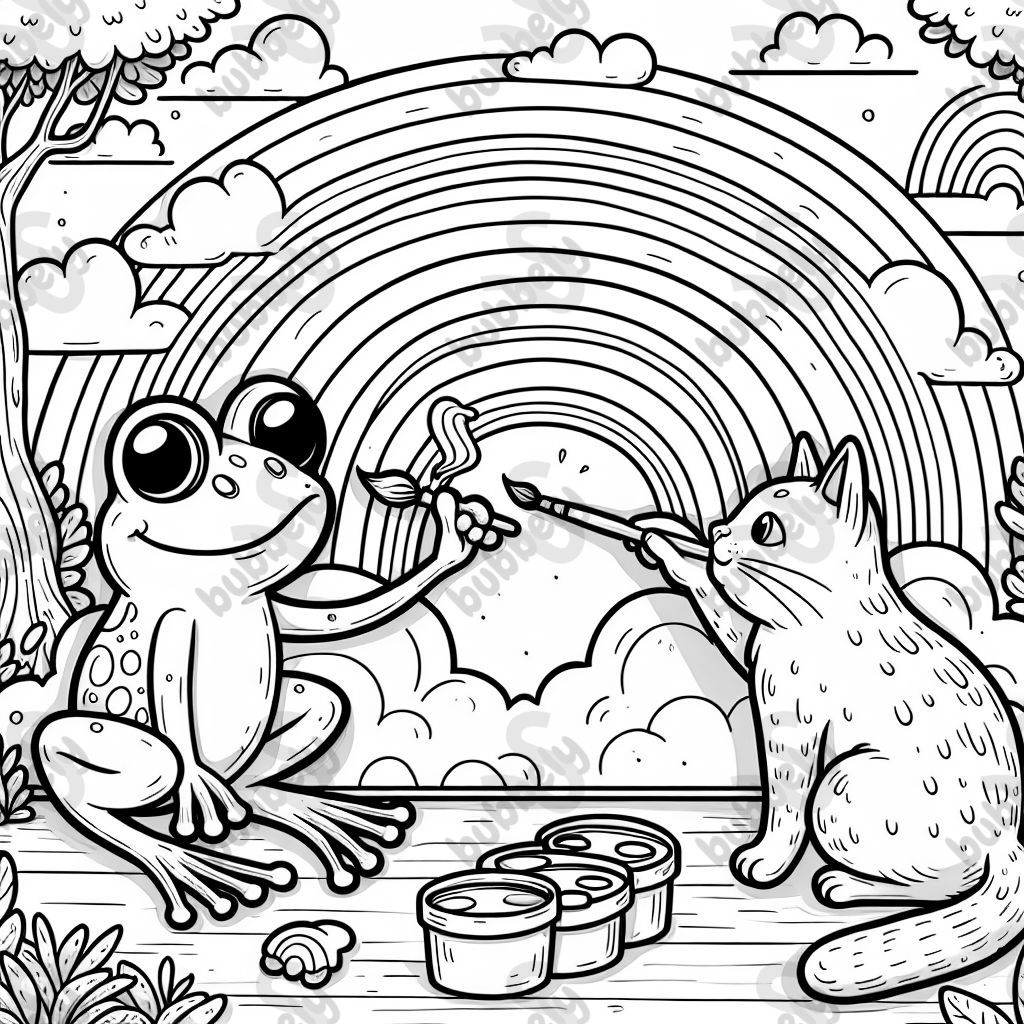 A frog and a cat are painting a rainbow picture