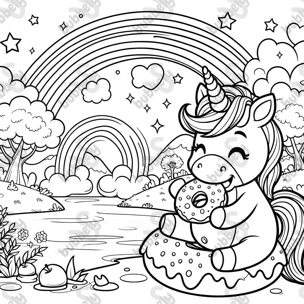 A unicorn eating a donut with a rainbow in background 