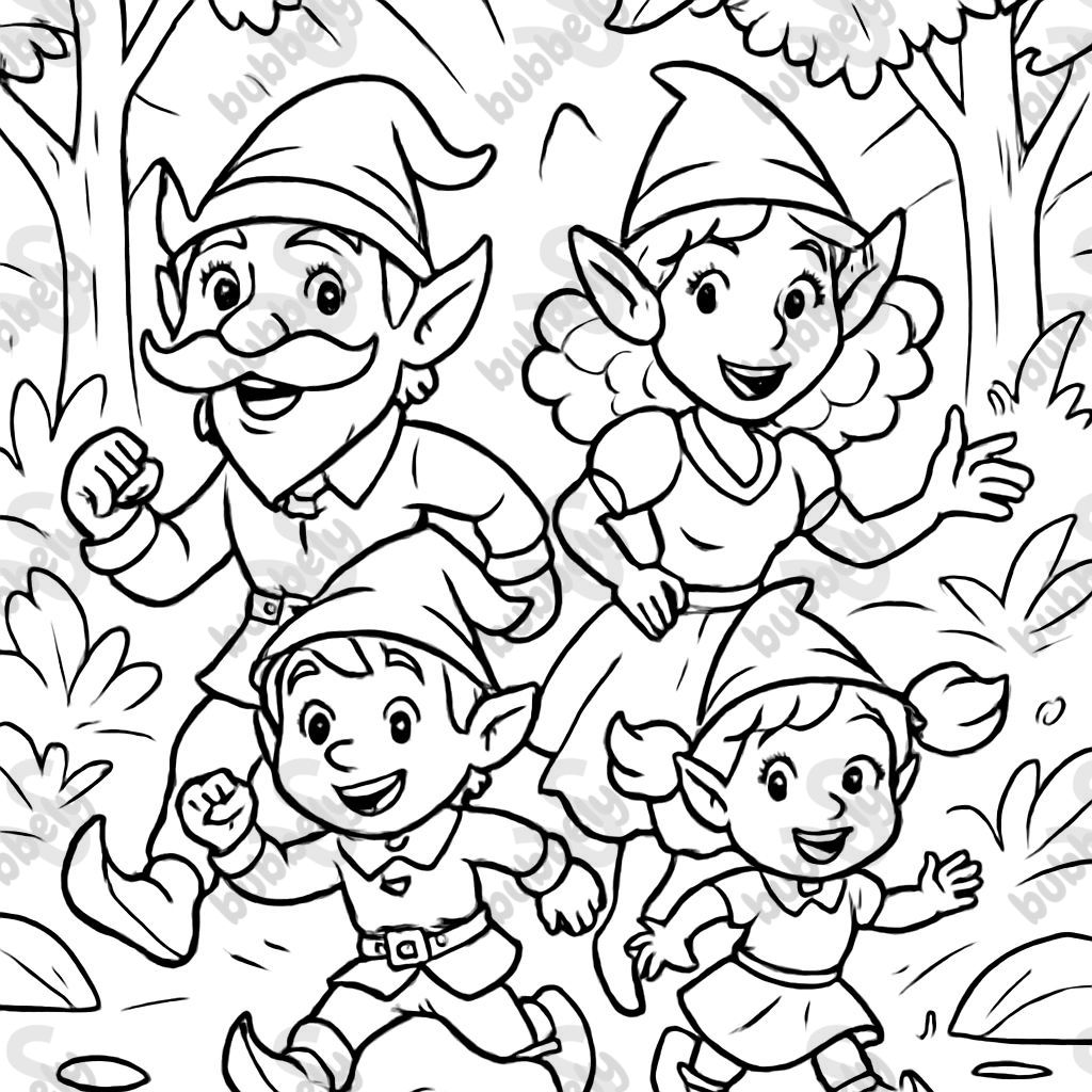 a family of forest elves: a daddy elf with a mustache, a mommy with curly hair, a little elf and a little elf girl with pigtails