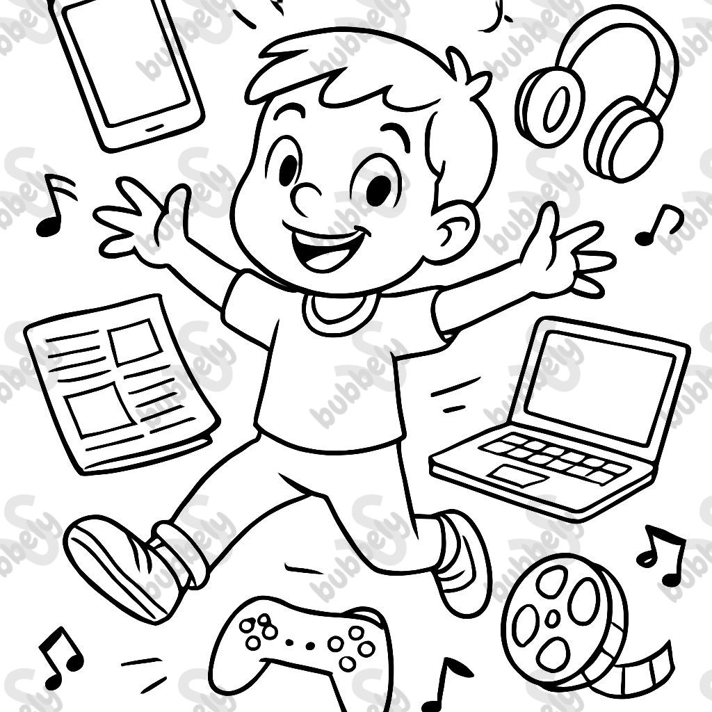 a child surrounded by media (phone, tablet, computer, newspaper) and much more