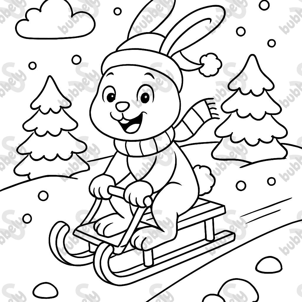 Lapin dans la neige avec un traîneau