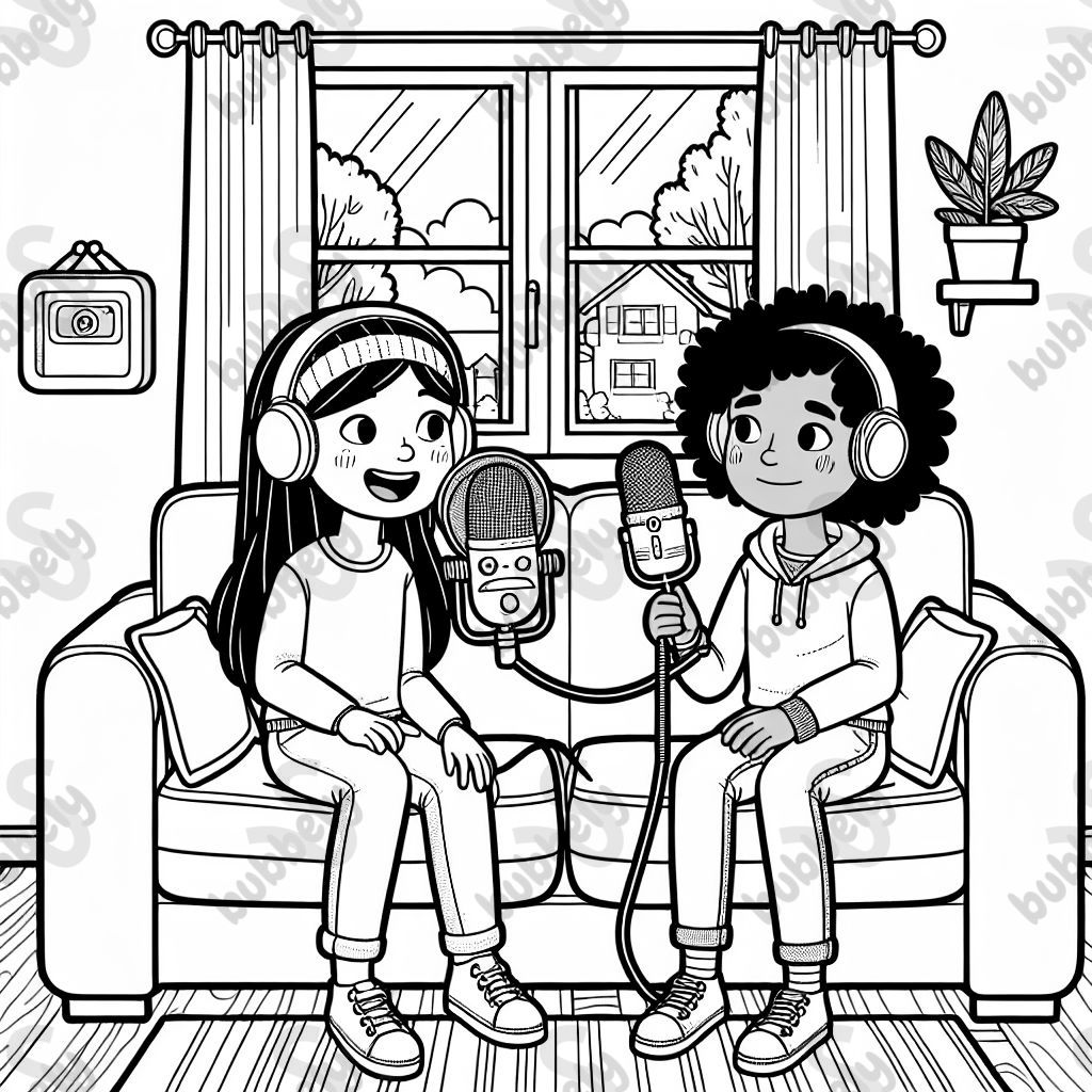 Two girls sat on a sofa recording a podcast.