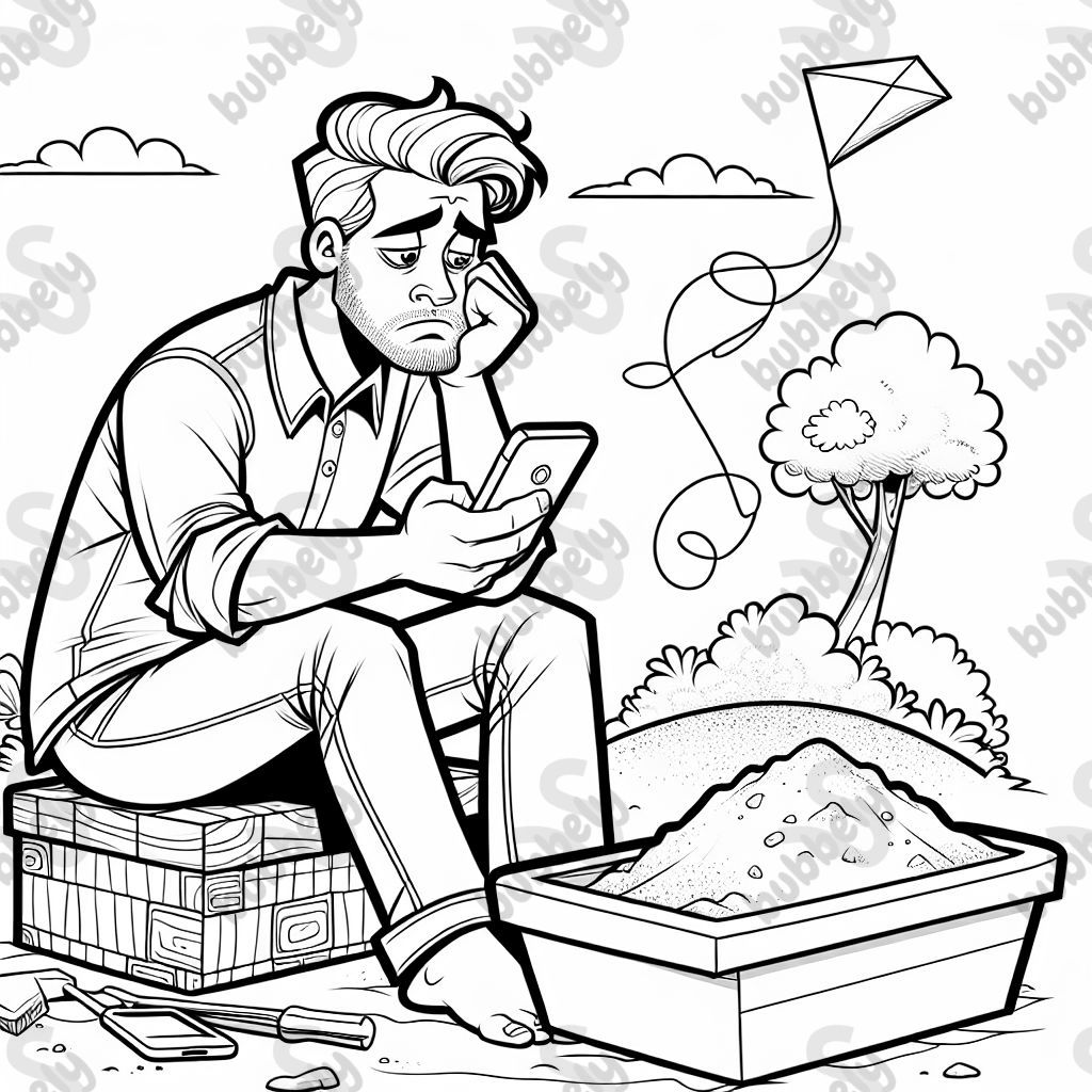 gelangweilter Vater mit Handy im sandkasten