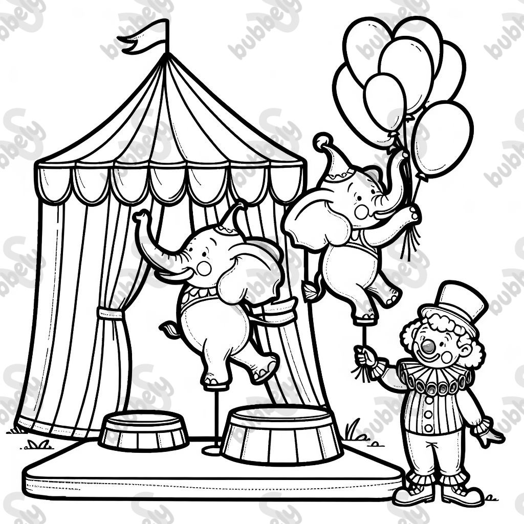 Un chapiteau de cirque avec deux éléphants devant, faisant le poirier sur des podiums, un clown distribue des ballons Un chapiteau de cirque avec deux éléphants devant, faisant le poirier sur des podiums, un clown distribue des ballons