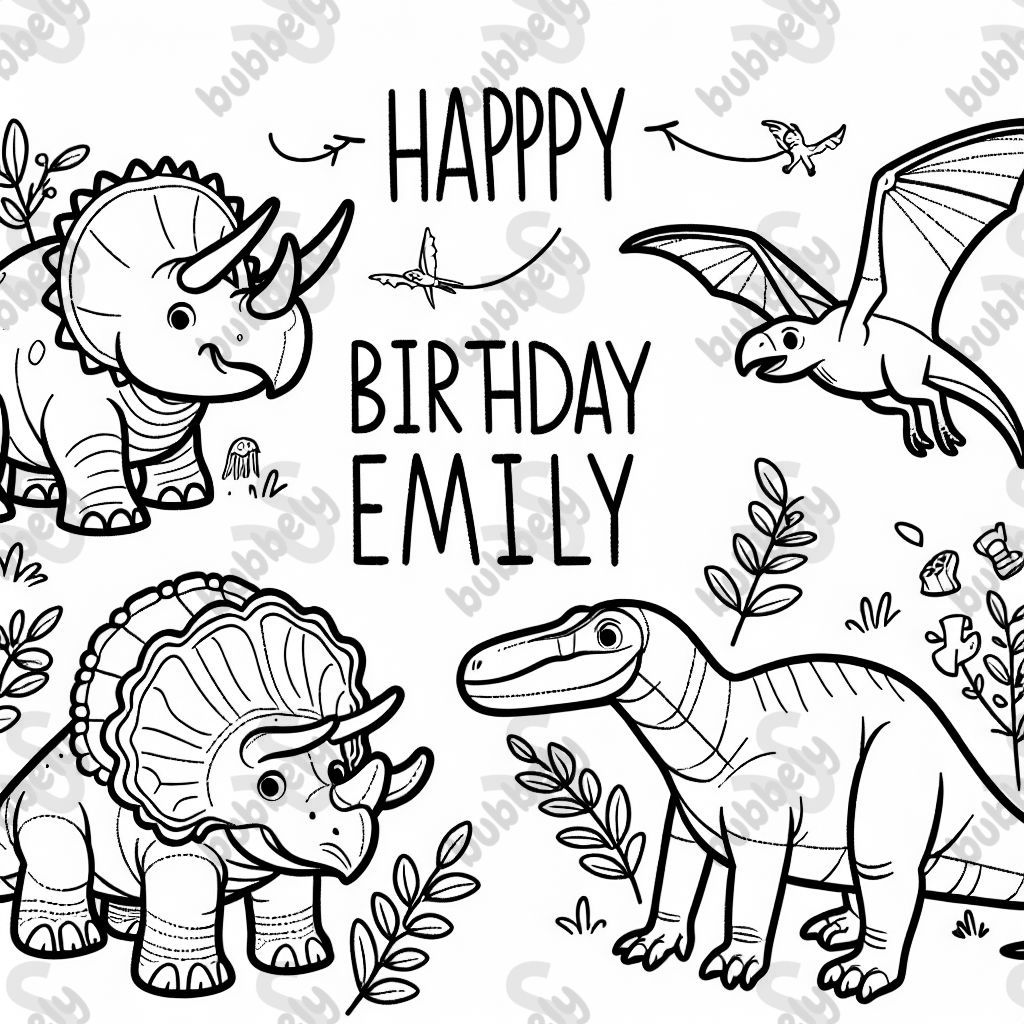 A triceratops, an apatosaurus, a pteranodon, and a baby t-rex, and text that says “HAPPY BIRTHDAY EMILY”. A triceratops, an apatosaurus, a pteranodon, and a baby t-rex, and text that says “HAPPY BIRTHDAY EMILY”.