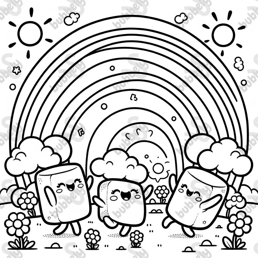 marshmallows dancing under a rainbow
