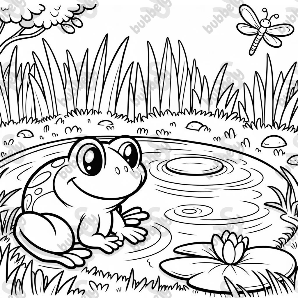 A frog hopping into a pond with grass 
