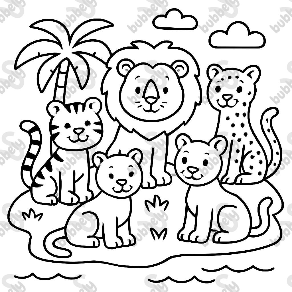 A lion, tiger, cheetah, cougar, leopard, mountain lion and a puma all hanging out on a small island.
