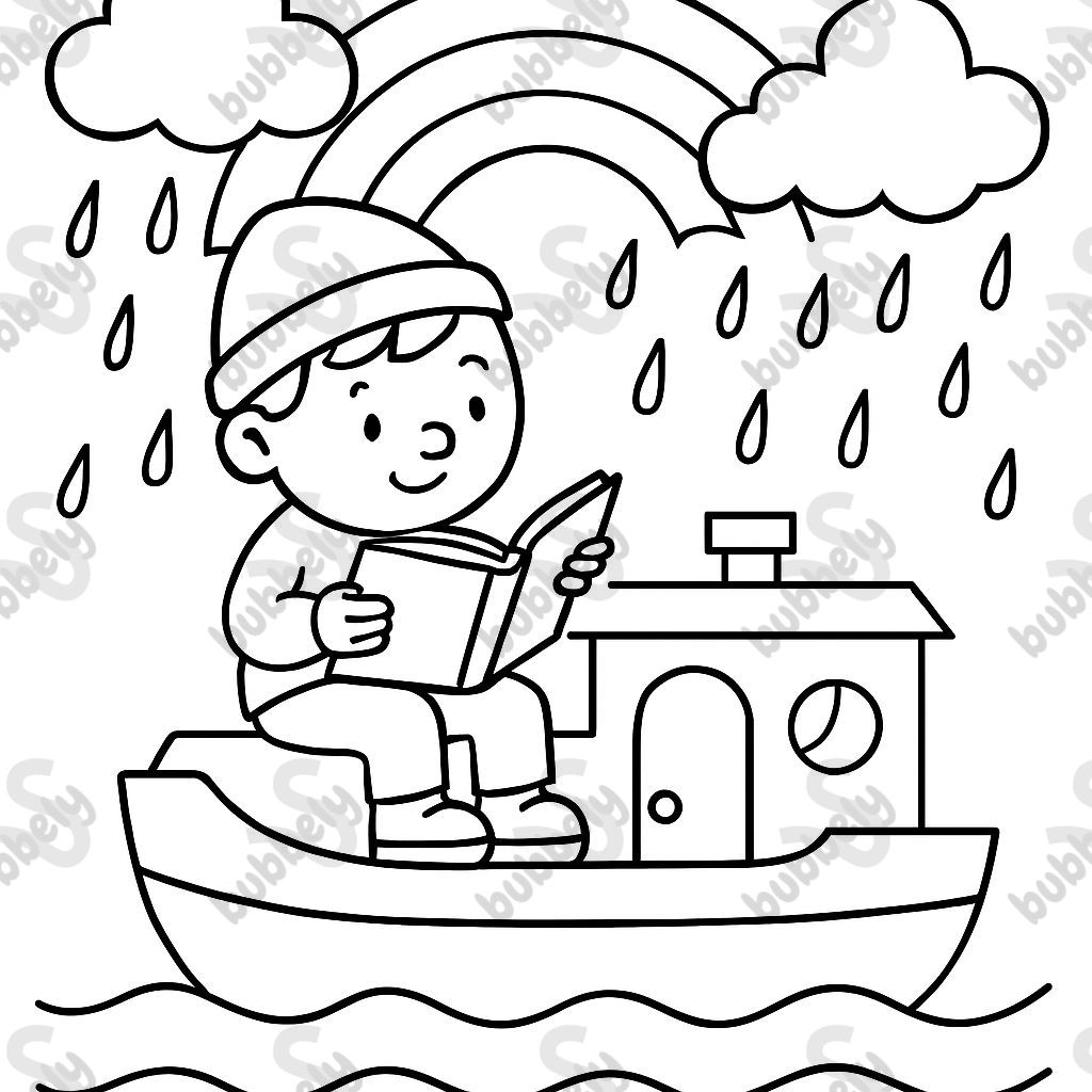 A person reading a book on a houseboat under a rainbow and its raining from clouds.
