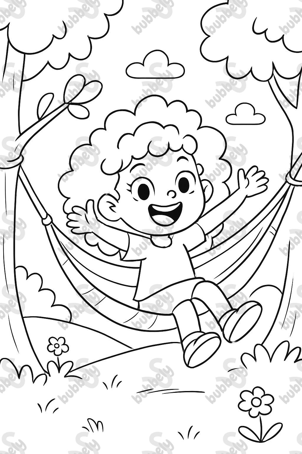 Fille aux cheveux bouclés jouant dans un hamac.