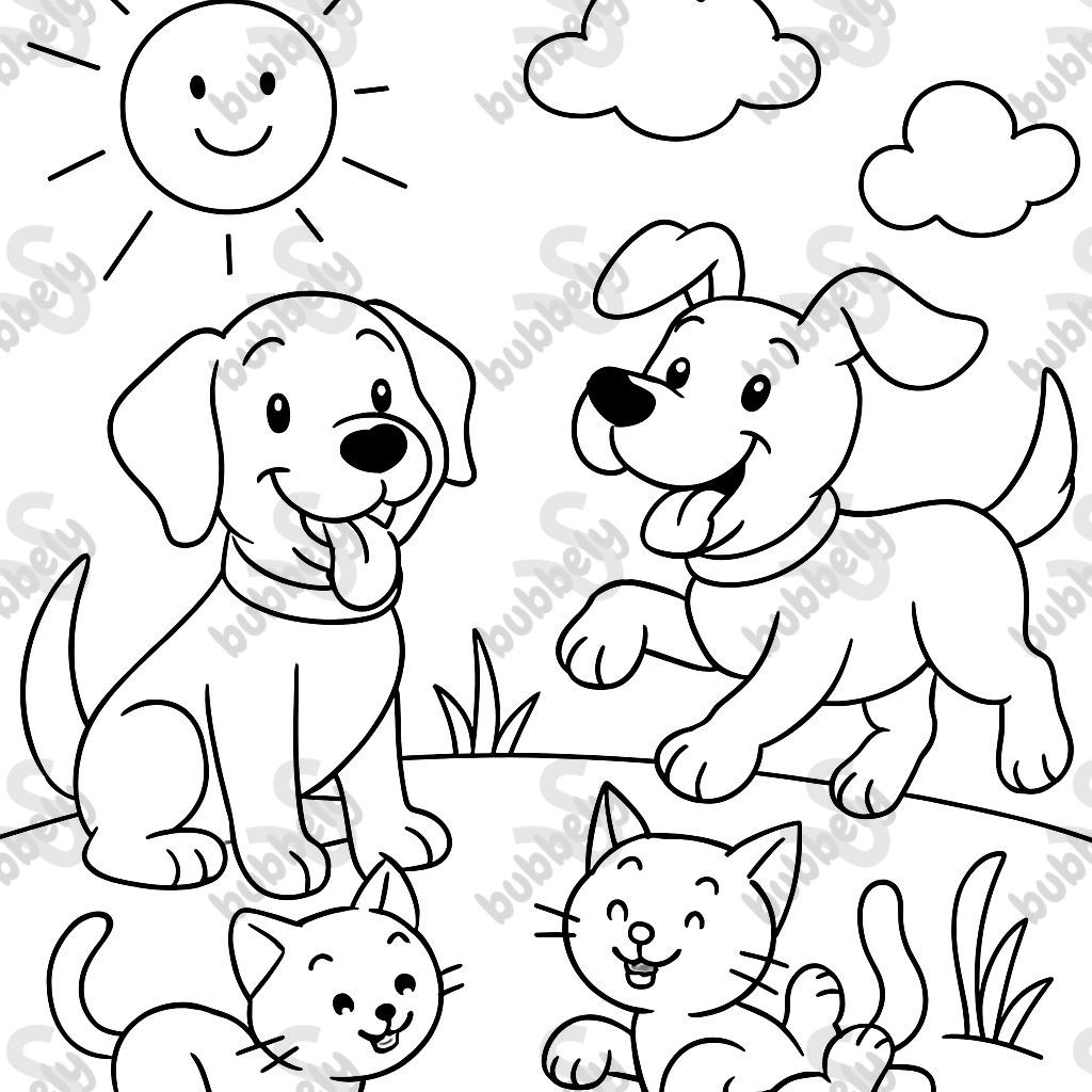 Two lab dogs and 2 kittens in the sunshine