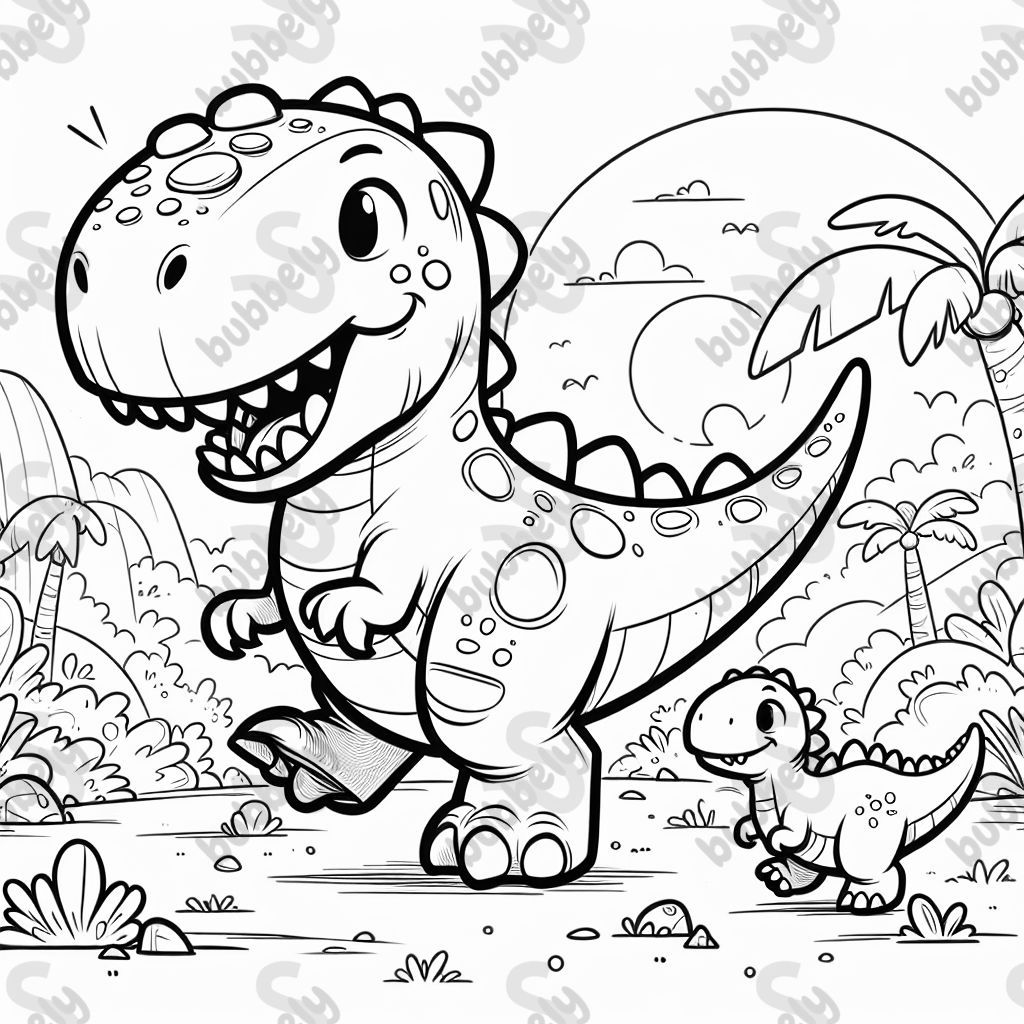 Dinosaur with its mouth open walking with a baby dinosaur