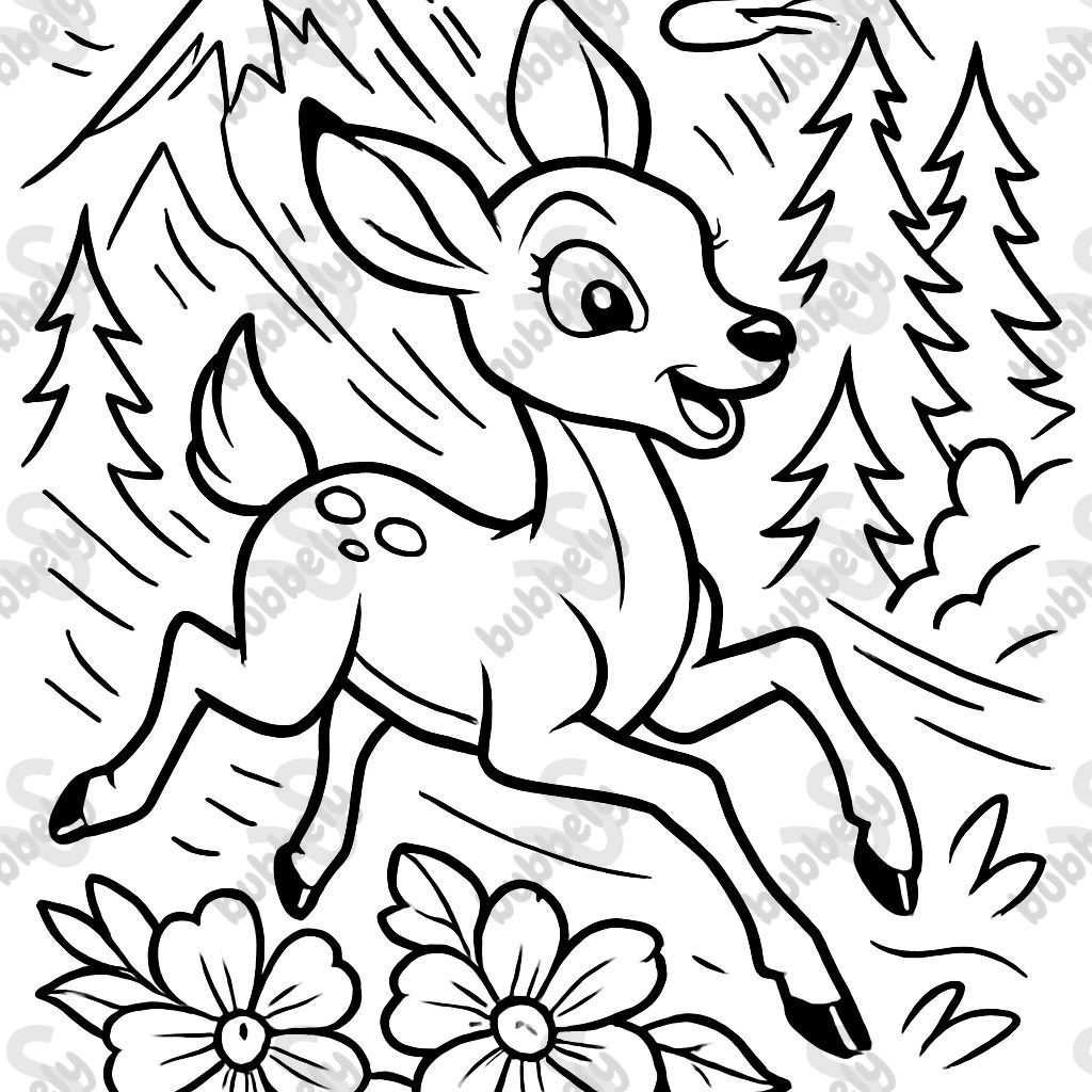 montagnes et arbres avec une biche et des fleurs