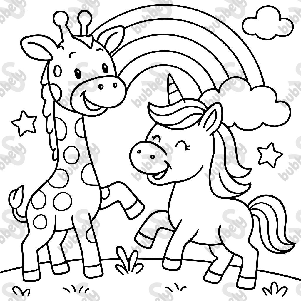 Giraffe with unicorn and rainbow