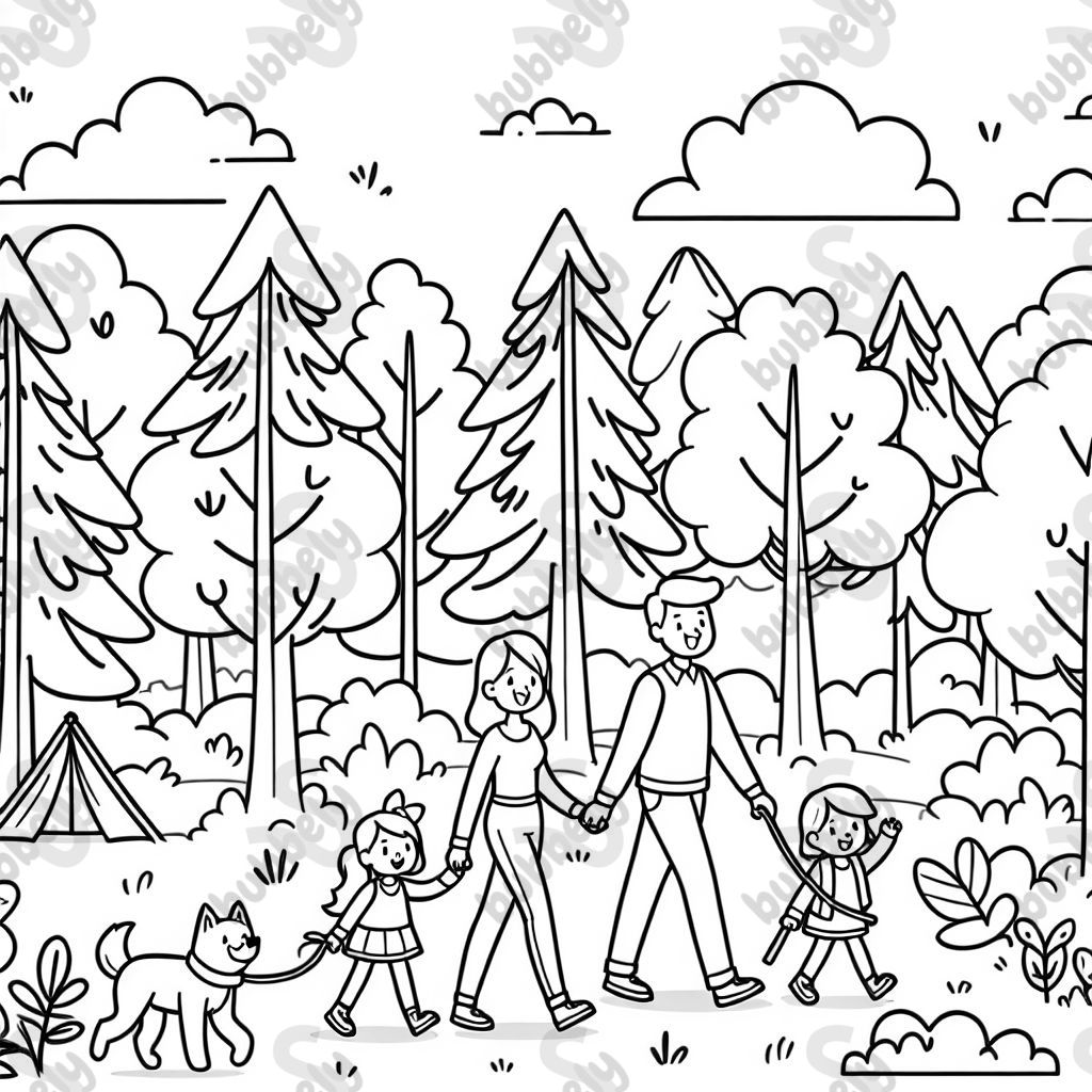 eine Familie, die einen Waldspaziergang macht