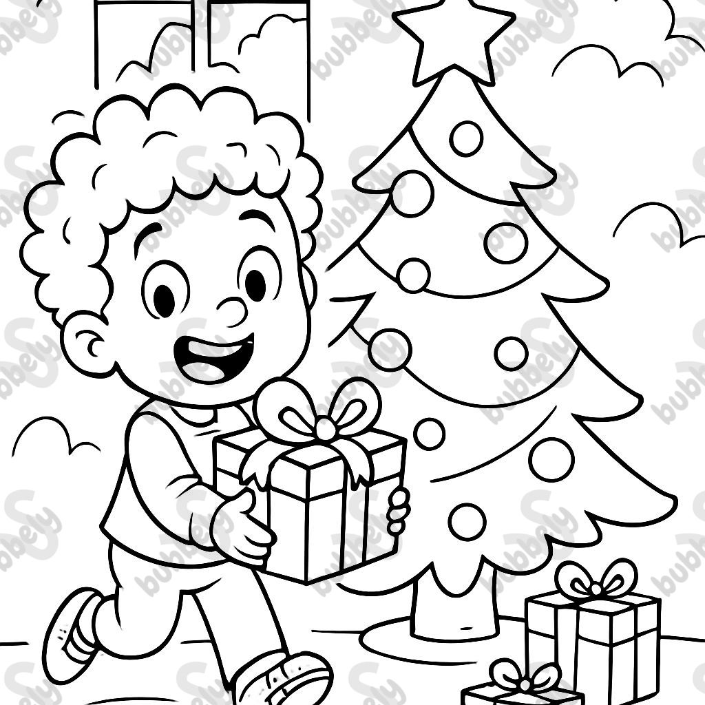 little boy with very curly hair holding gift next to christmas tree