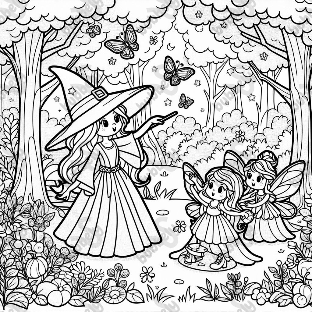 sorcière dans les bois avec des fées