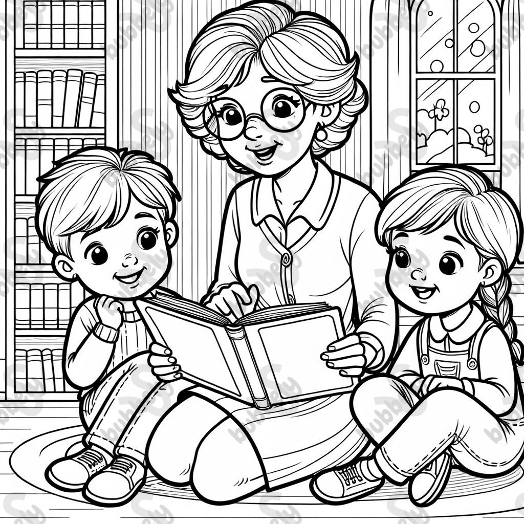 Grandma short hair and girl and boy reading a book