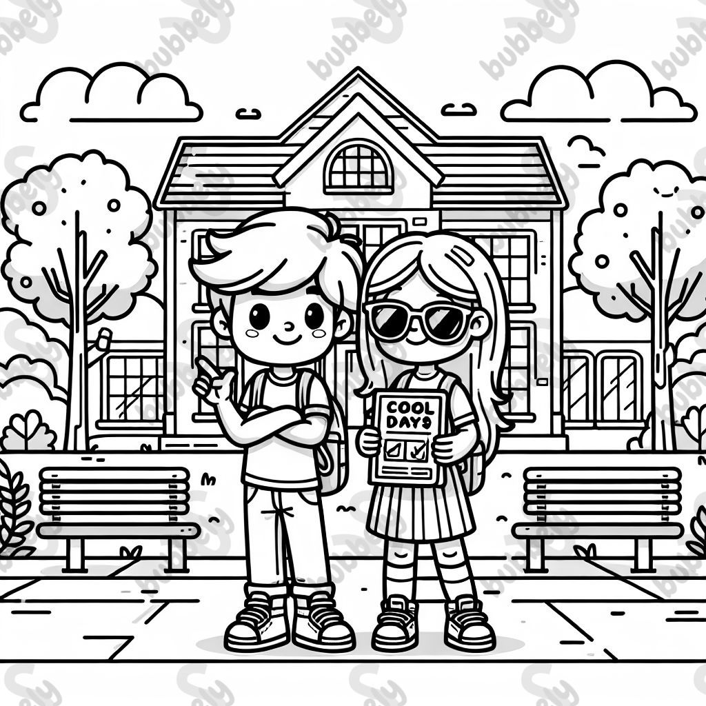 A boy and a girl standing in front of a school building looking really cool. The girl is holding a list that says 'Cool in 10 Days'.