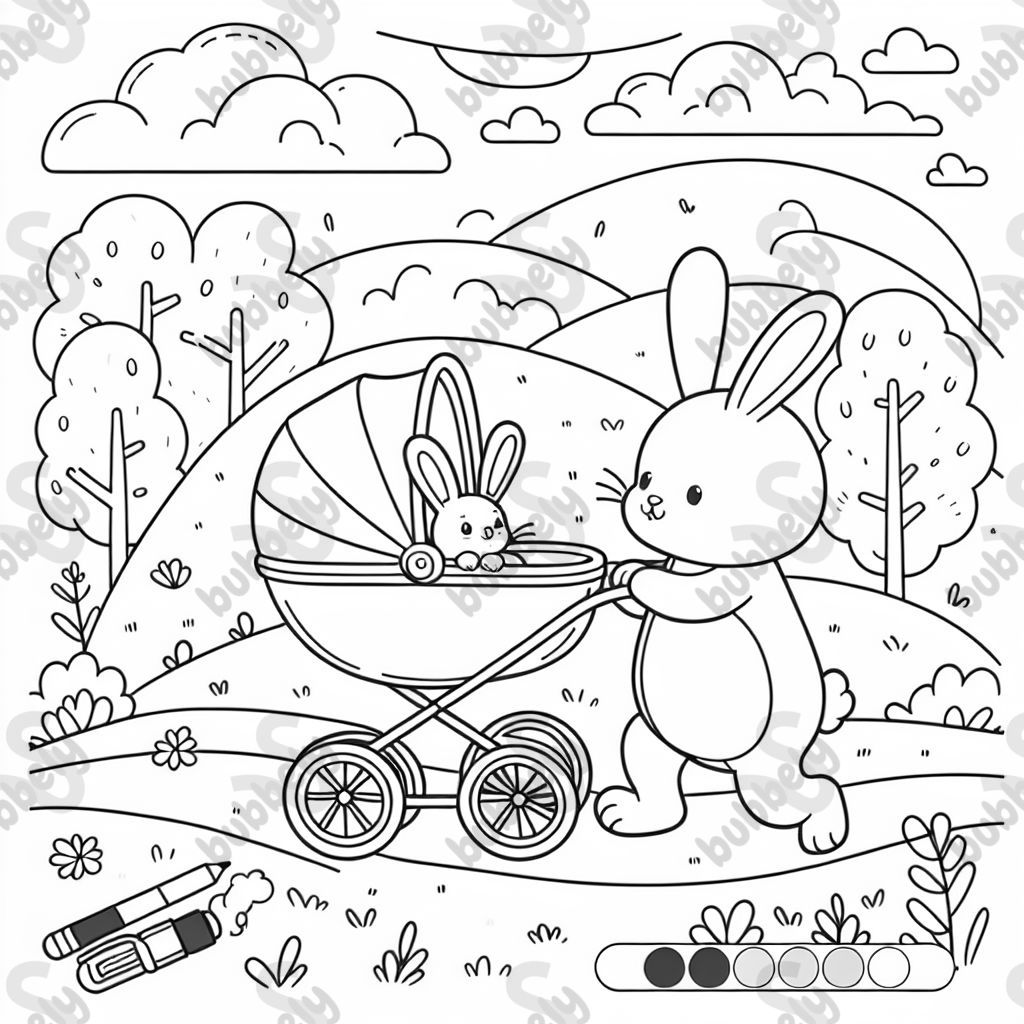 A bunny pushing a stroller with a baby bunny inside.