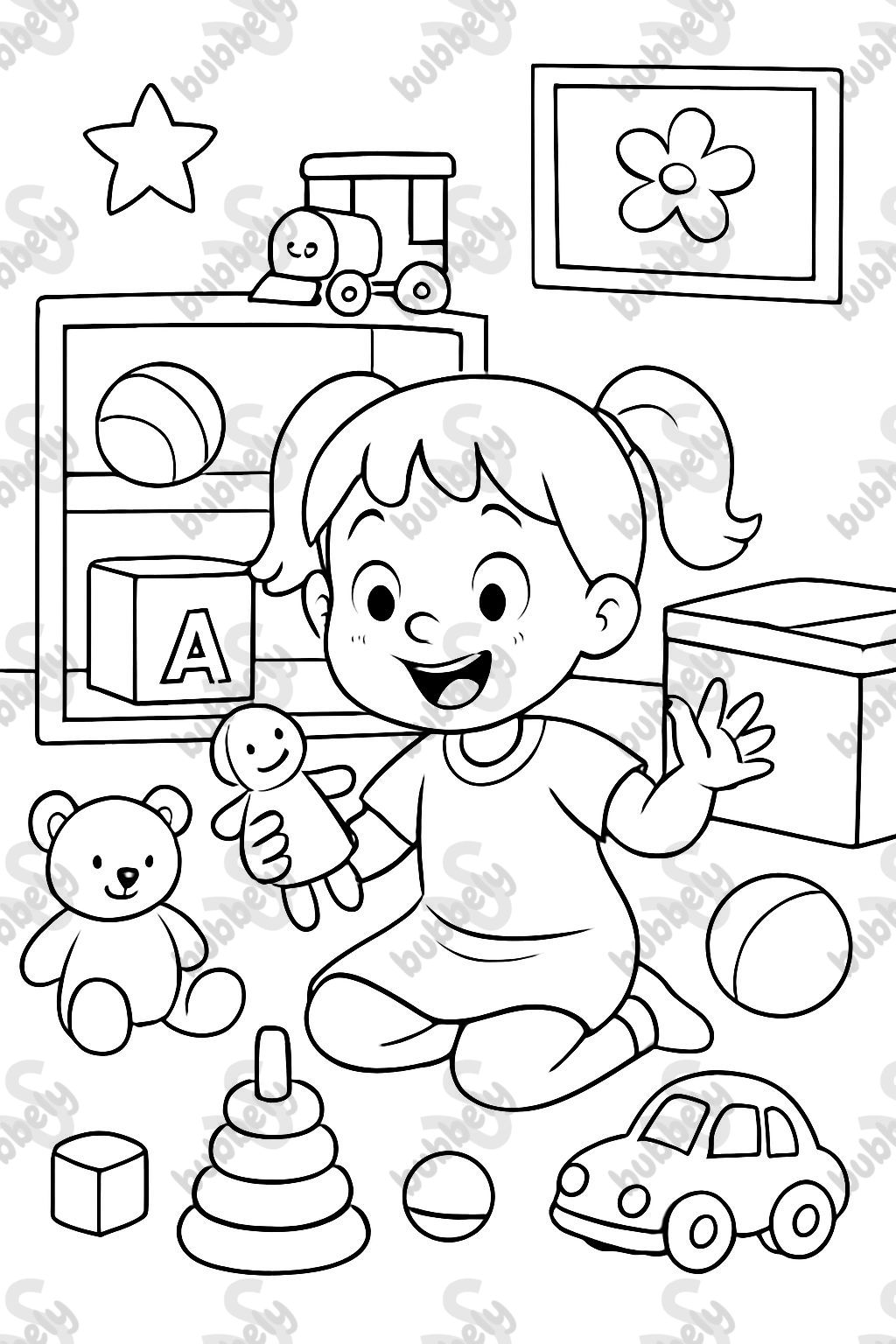 3 year old girl playing with her toys in the toy room
