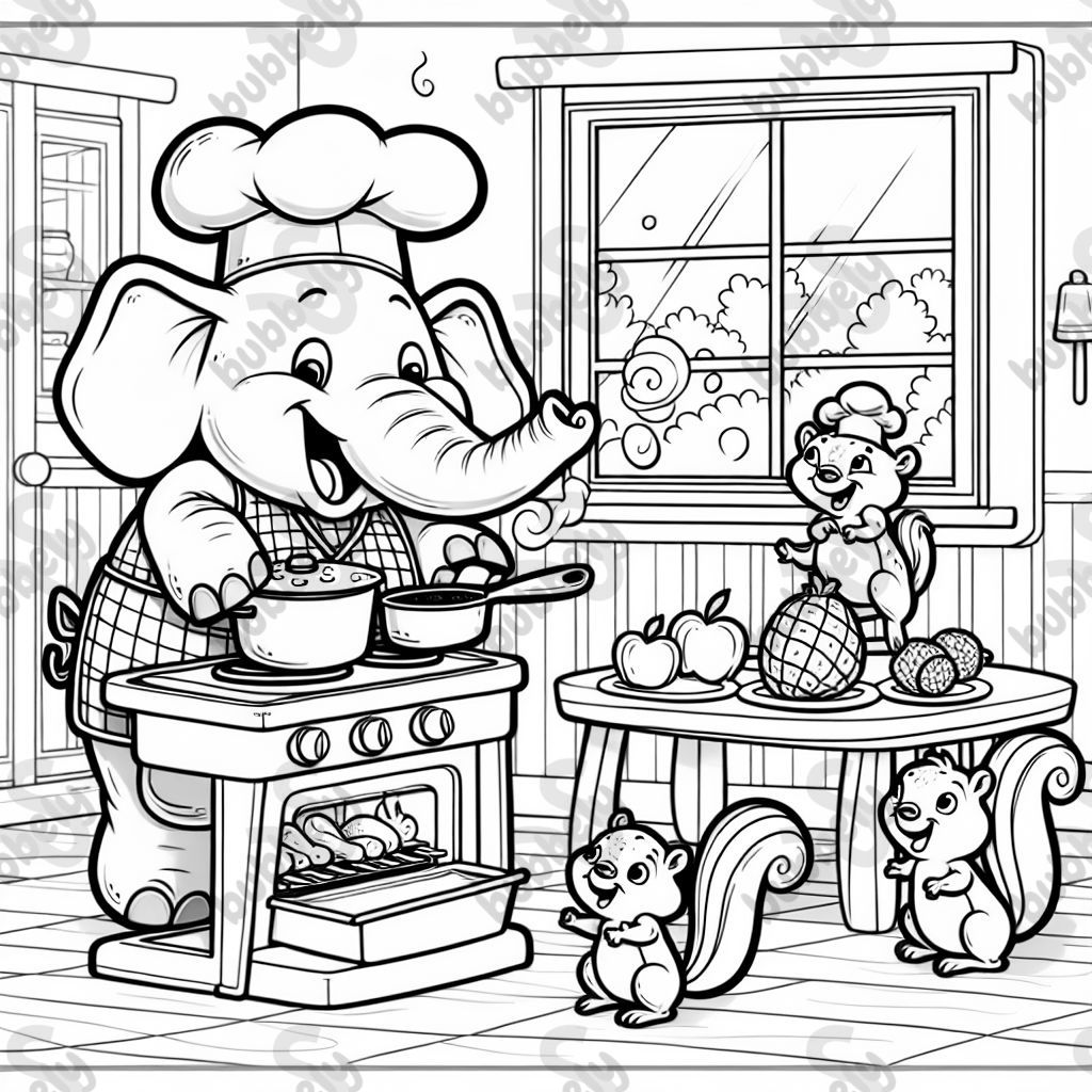 An elephant cooking dinner for a family of squirrels.