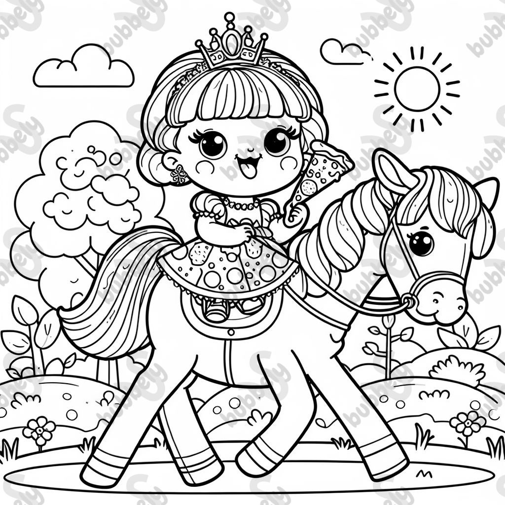 a doll eating pizza on a horse