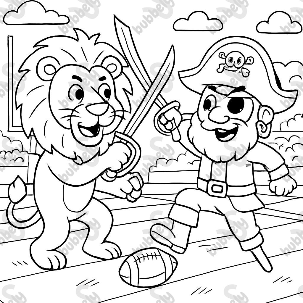 A lion fighting a pirate on a football field.
